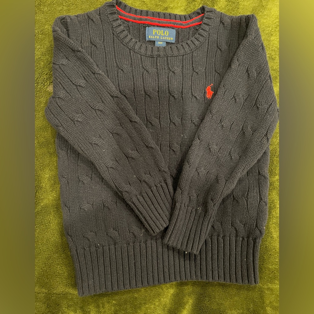 Dark Blue Cable Knit Sweater with Red Logo